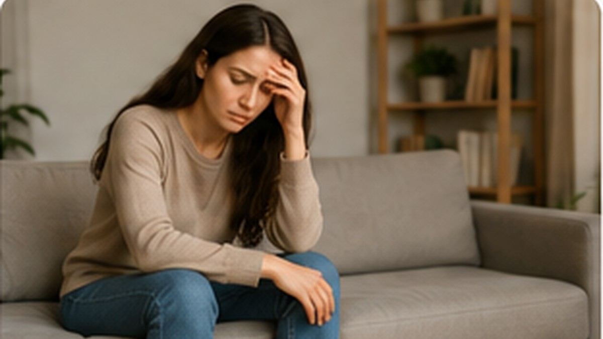 Woman experiencing anxiety while sitting in a calm home setting