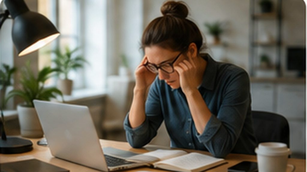 Professional experiencing stress and burnout while working at a laptop